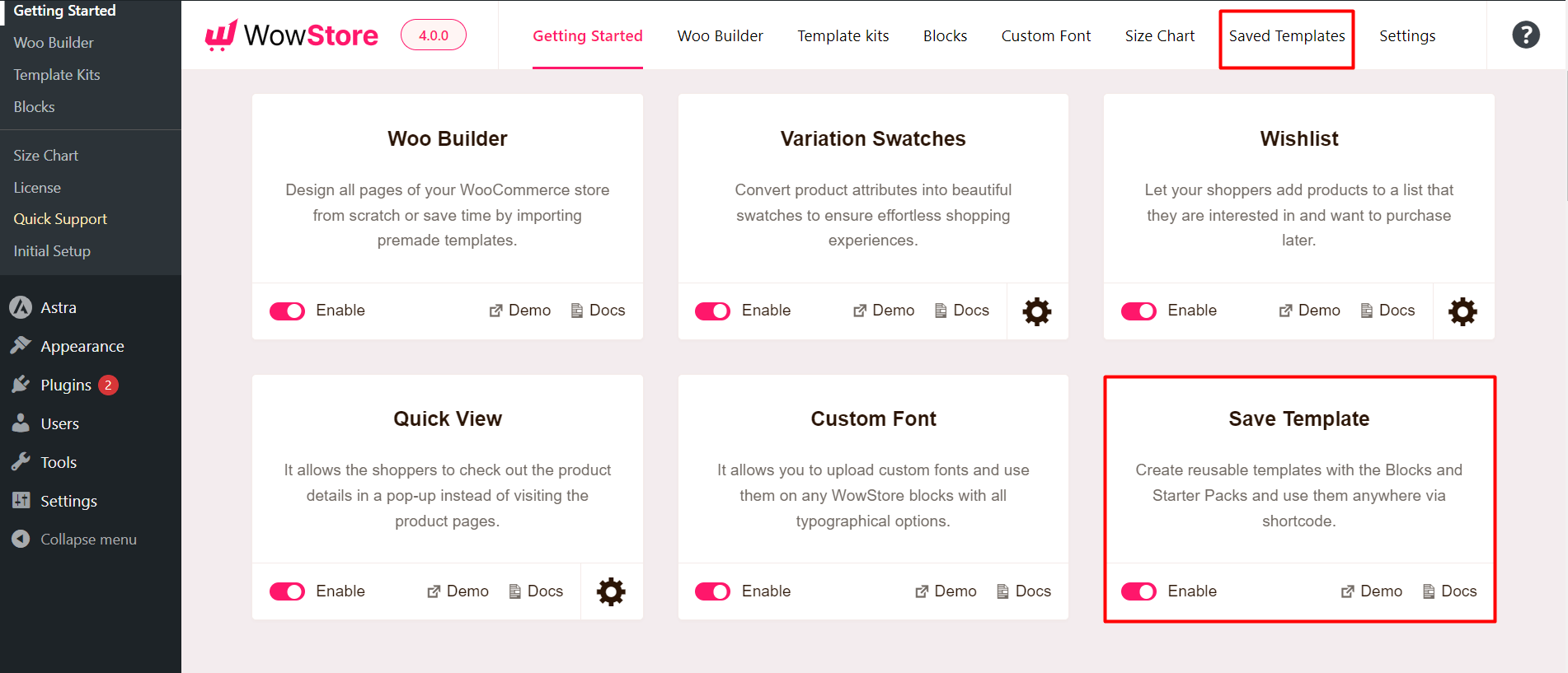 Enabling the WowStore Saved Templates Addon