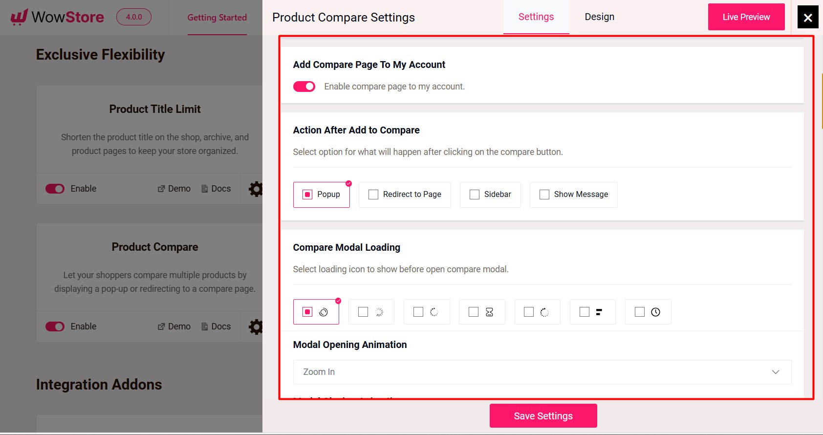 product compare addon settings