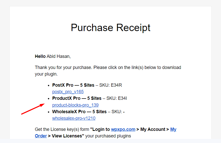 productx pro purchase receipt