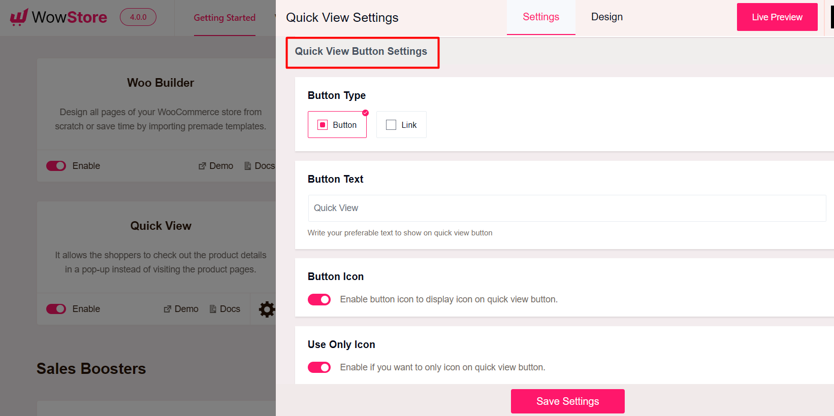 quickview button settings