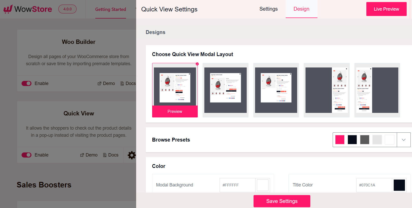 quickview design settings