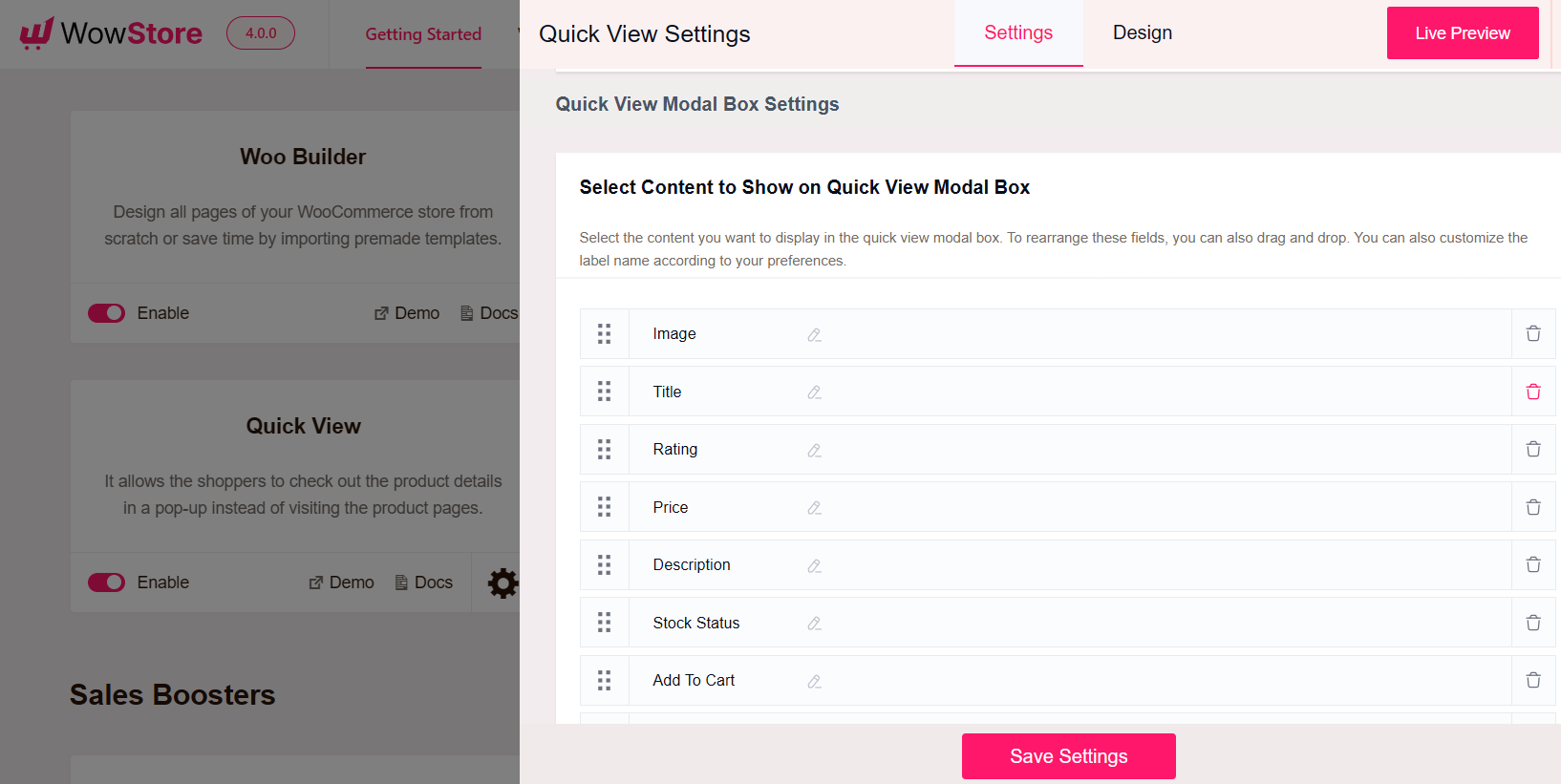 quickview modal box settings