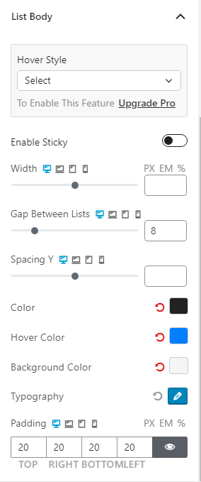 List Body Settings 