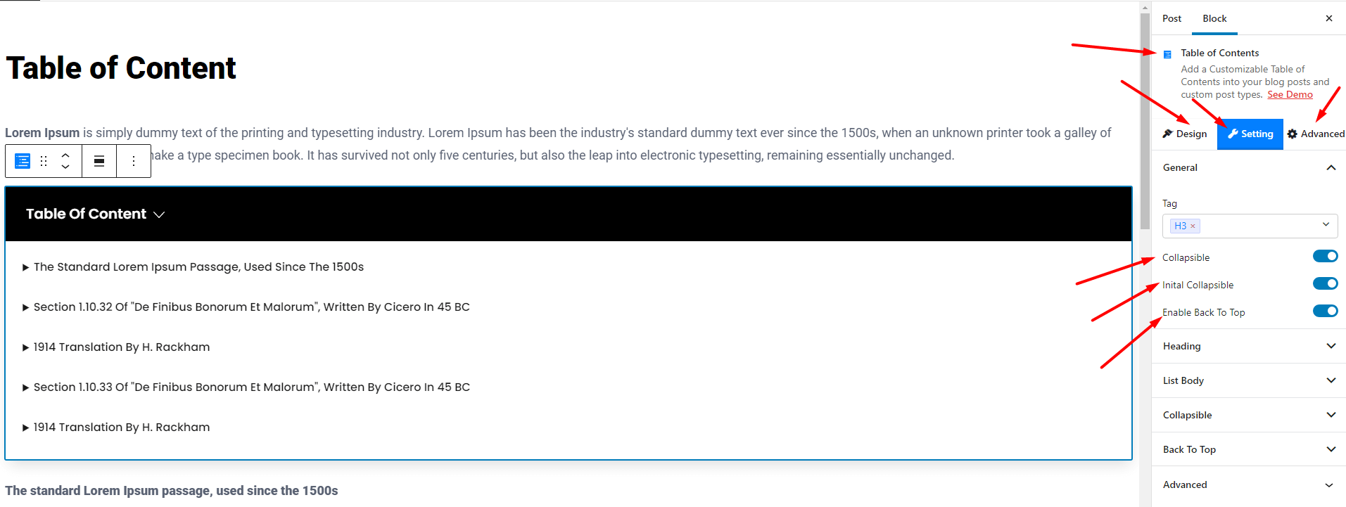 Table of Contents Settings Tabs