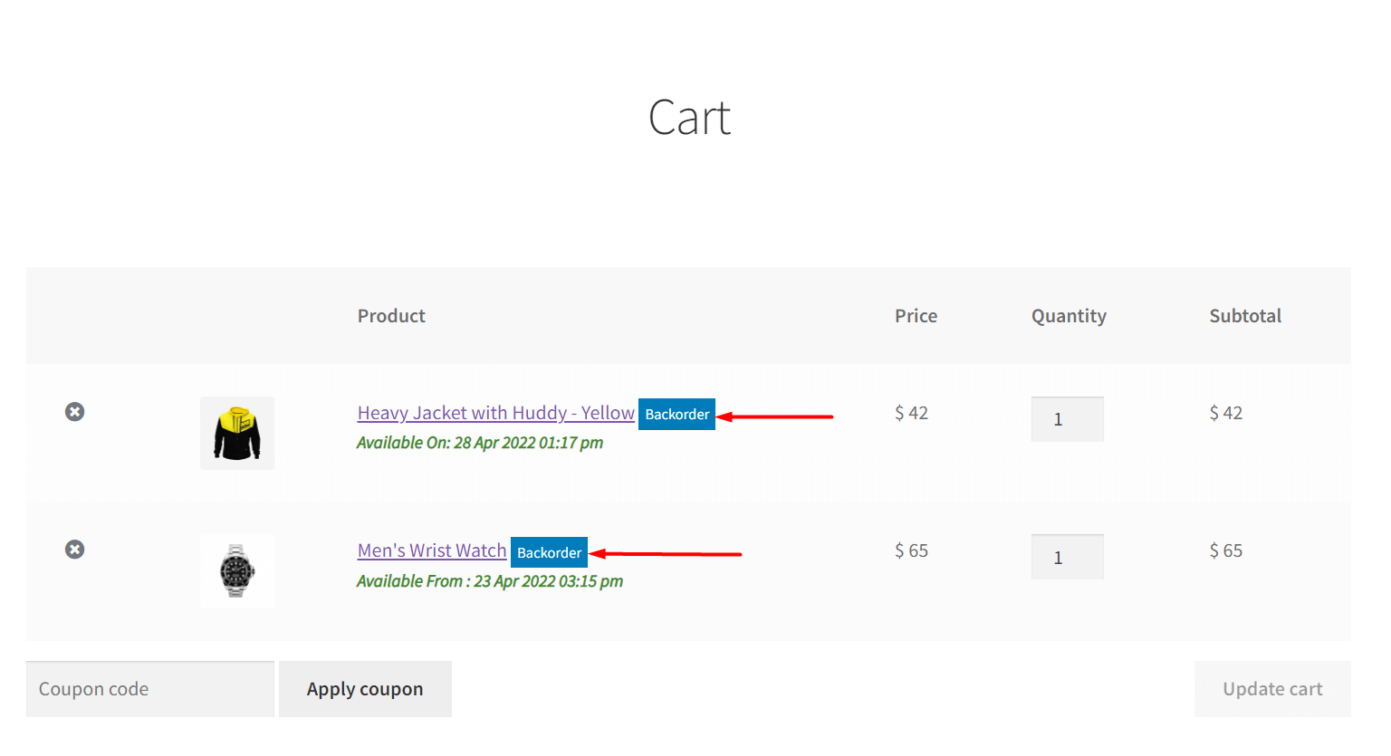 Cart view for ProductX backorder 