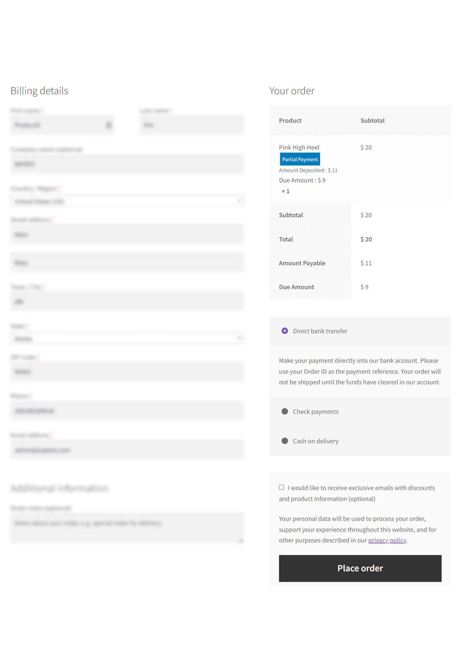 Partial Payment Order Details 