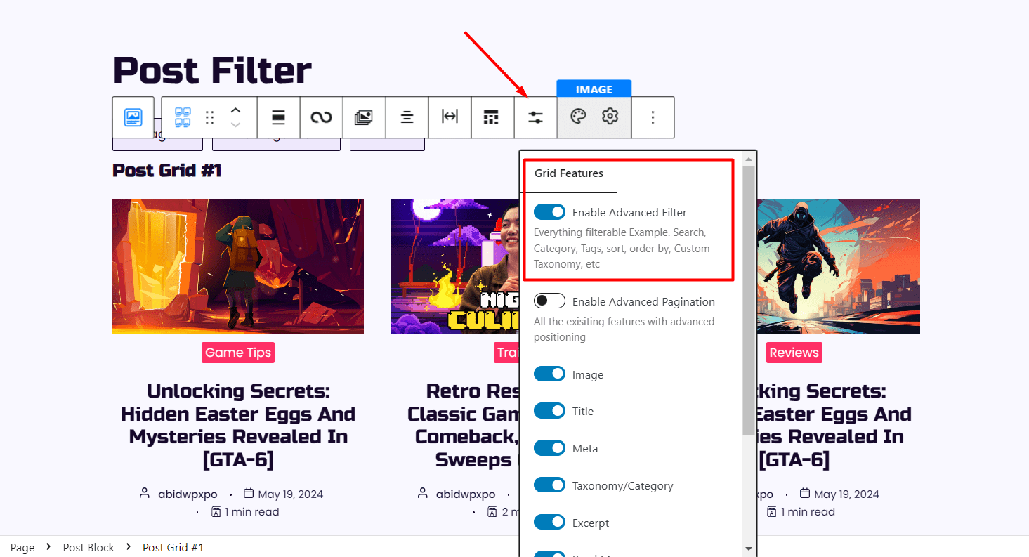 enabling the advanced post filter from grid features