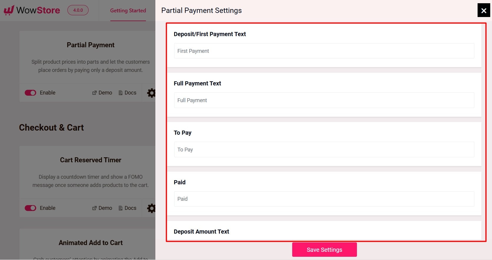 partial payment settings