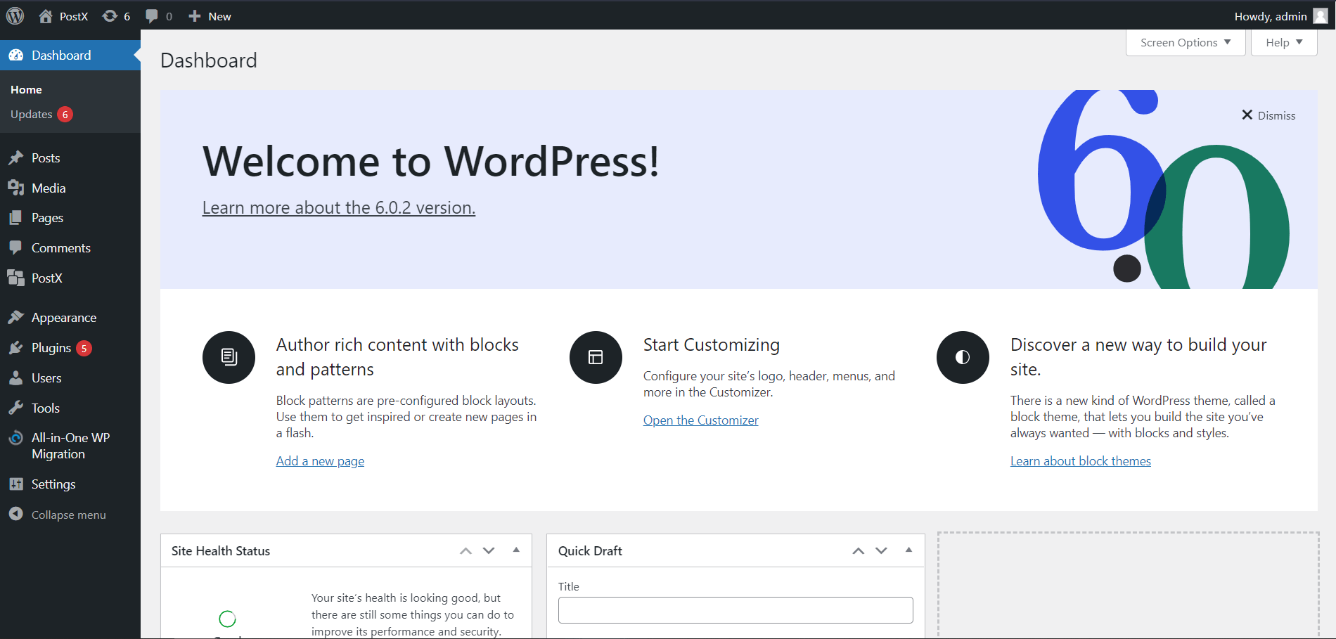 WordPress dashboard