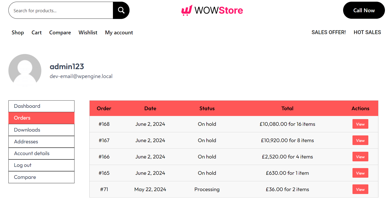 WowStore my account page preview