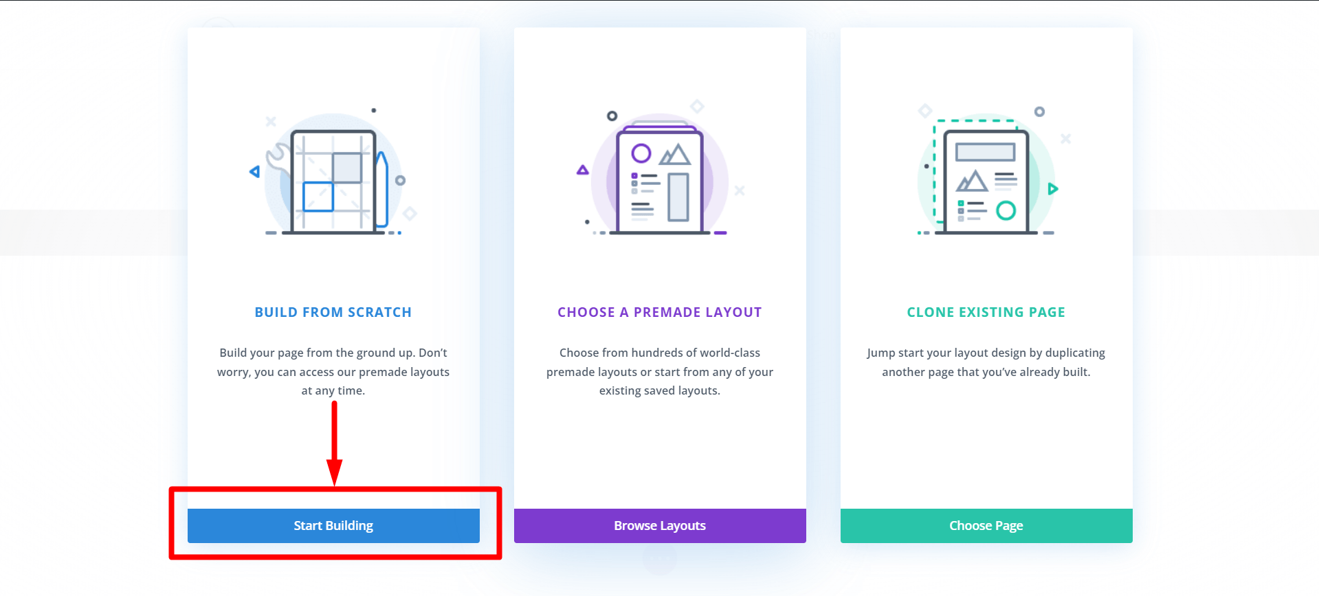 Select Start Building in Divi for WowStore