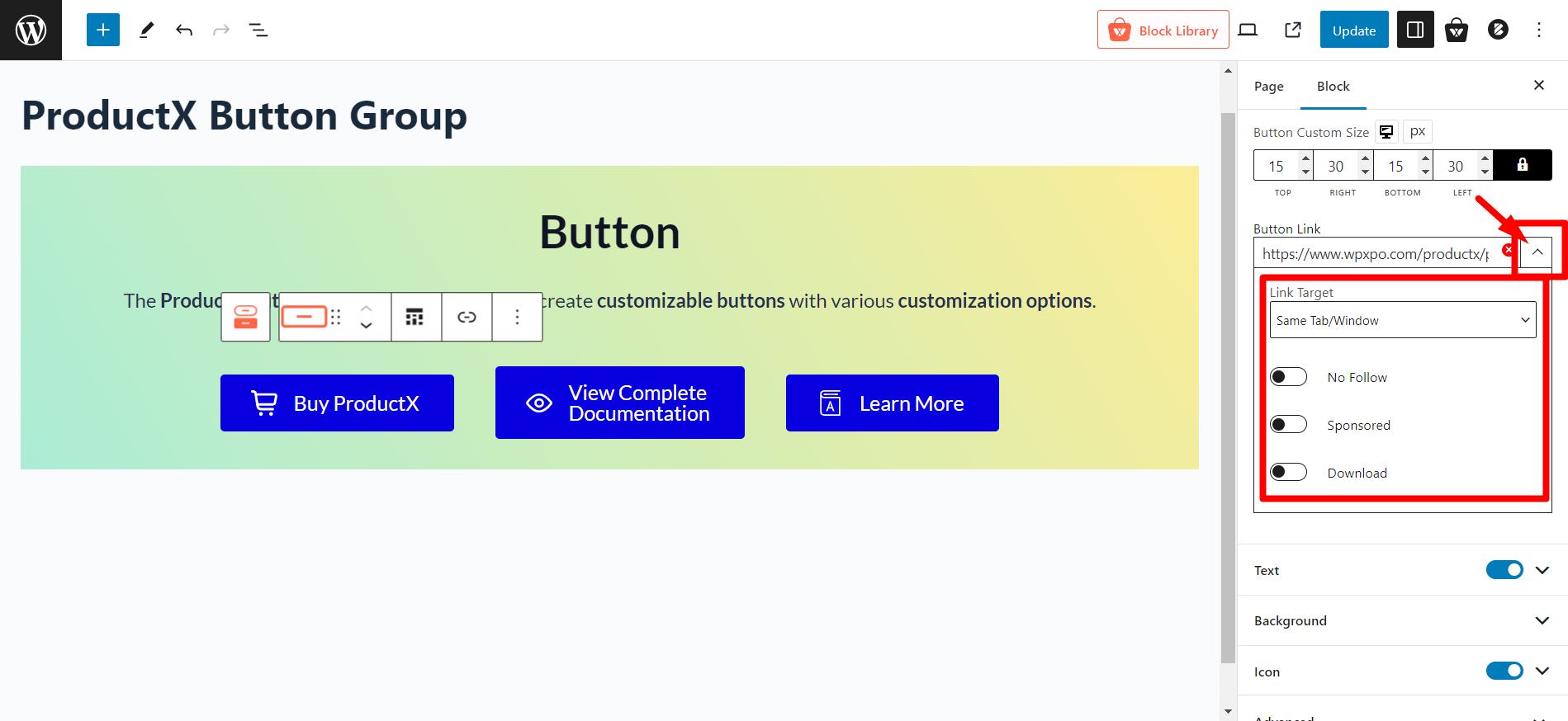 More Button Link Settings