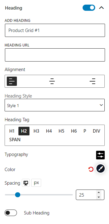 Product Grid #1 Heading Settings