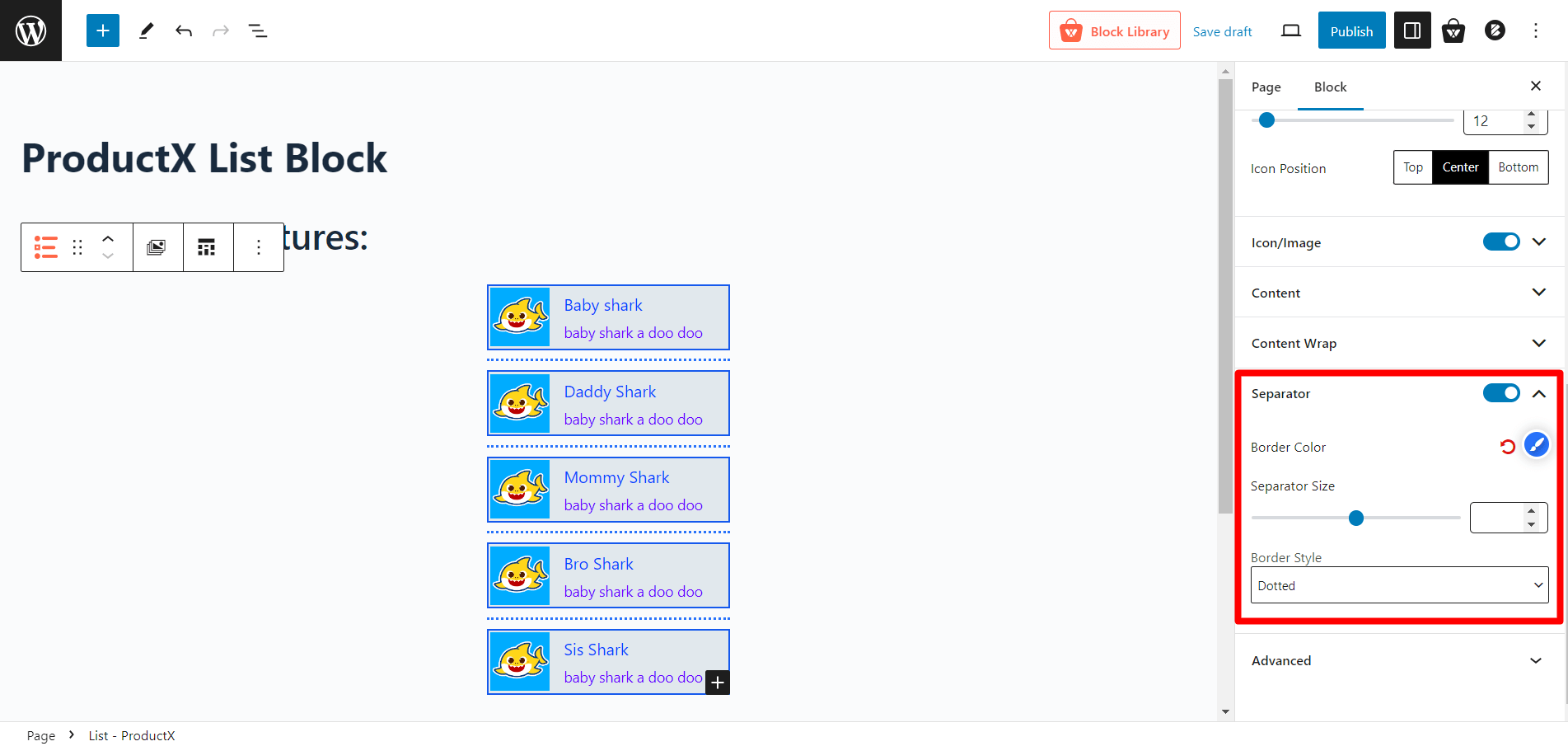 Separator Settings List Block