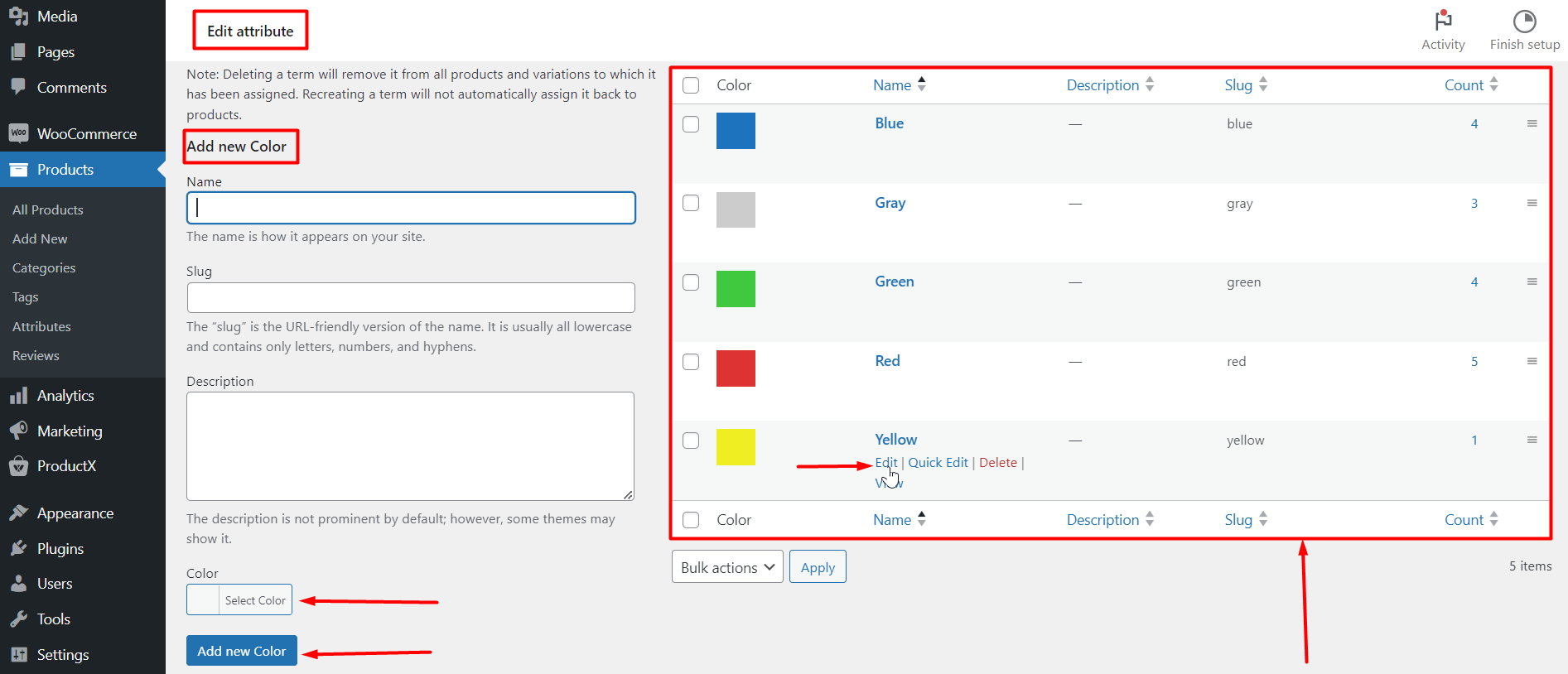 Adding Color Attributes for WooCommerce Variation Swatches