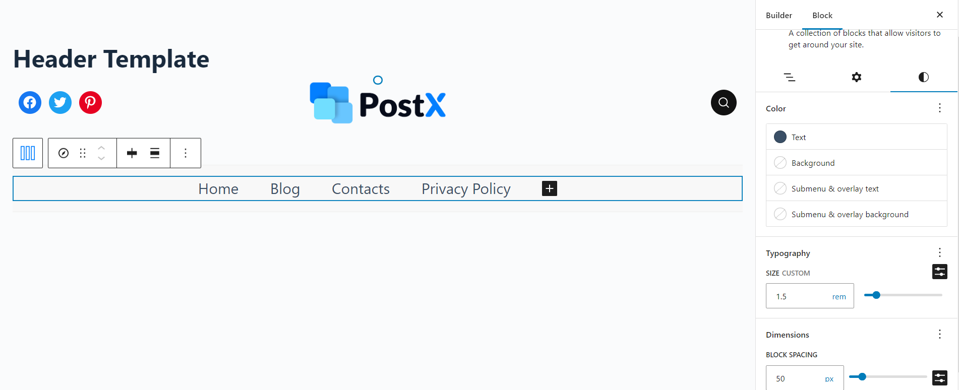 Creating a New Header Template using the PostX Site Builder