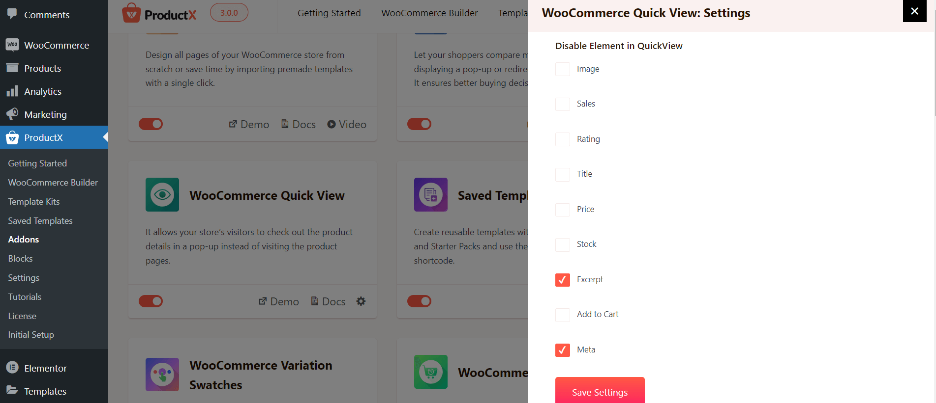 Disable Elements in Quickview