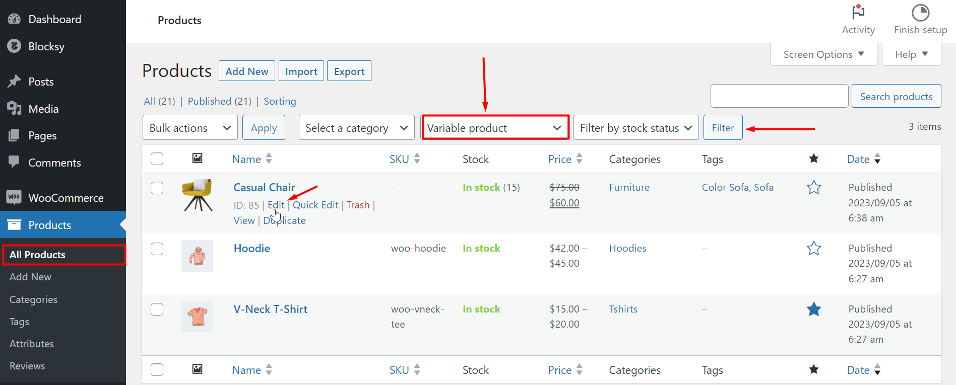 Filter the variable products