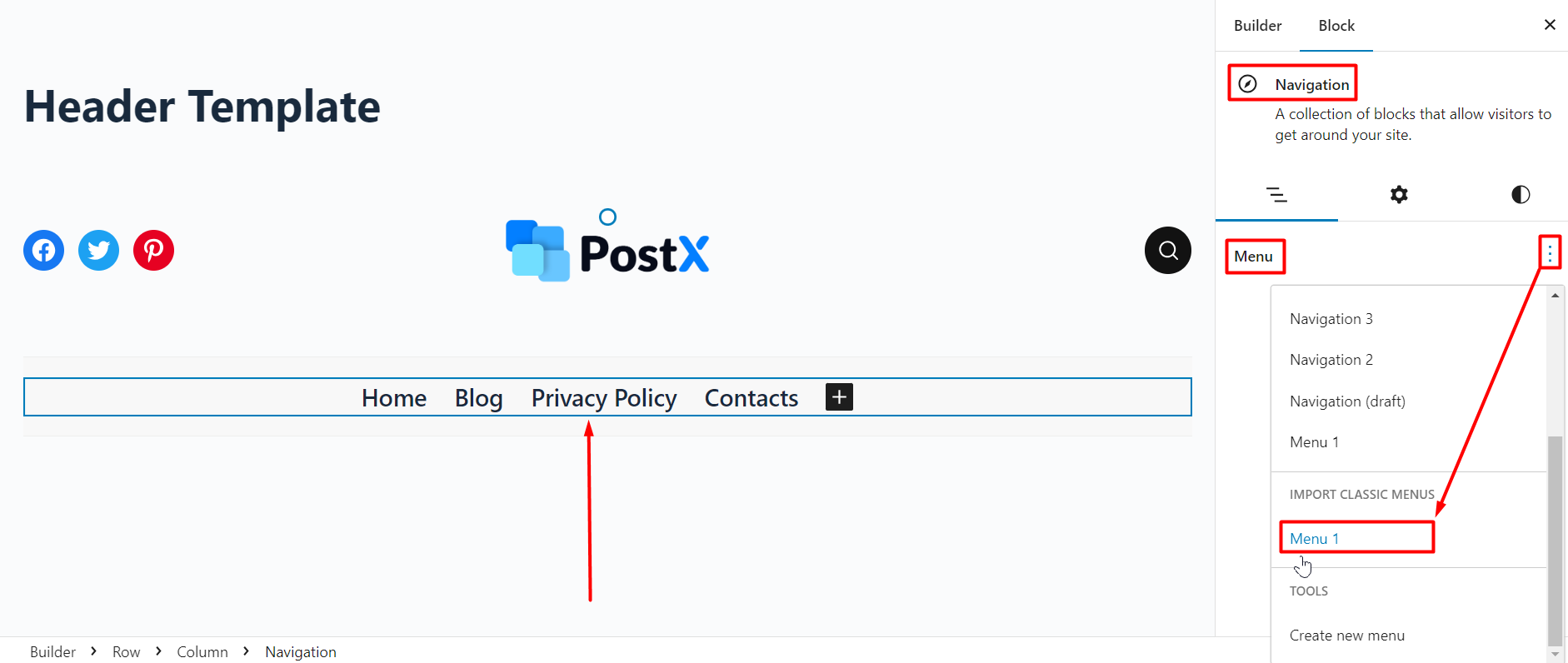 Adding menu to the PostX Header