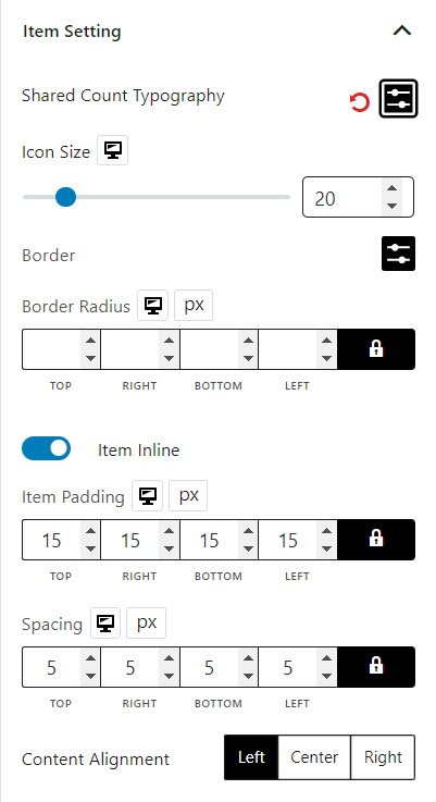 Social Share Block Item Settings