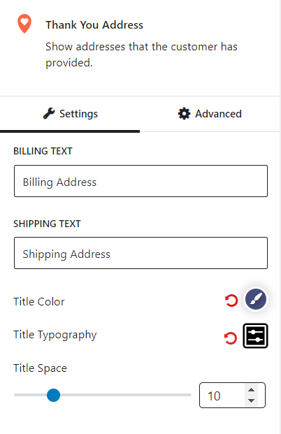 Thank You Address Block General Settings