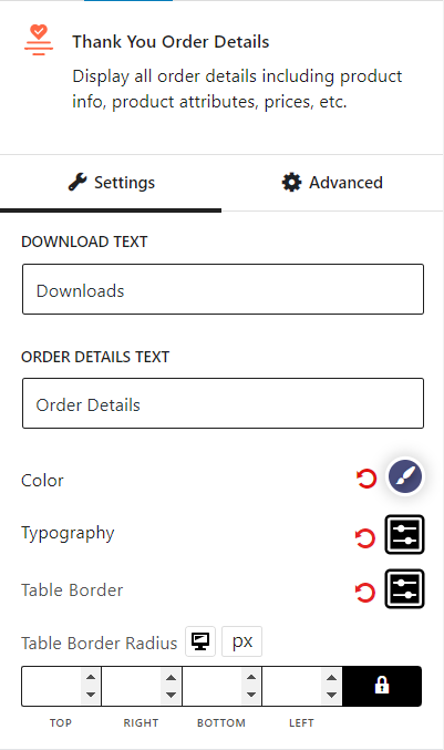 Thank You Order Details General Settings