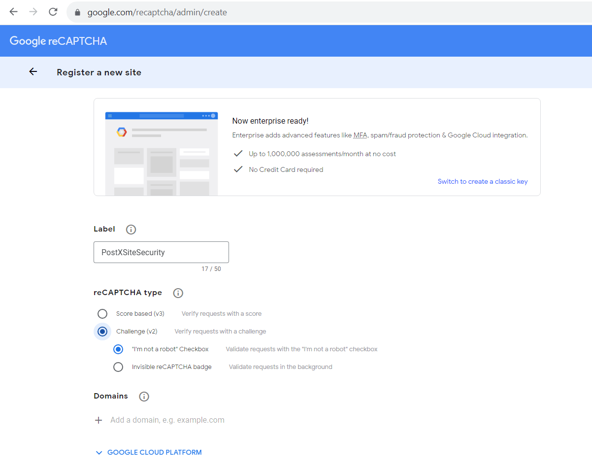 Creating a Google reCAPTCHA Key