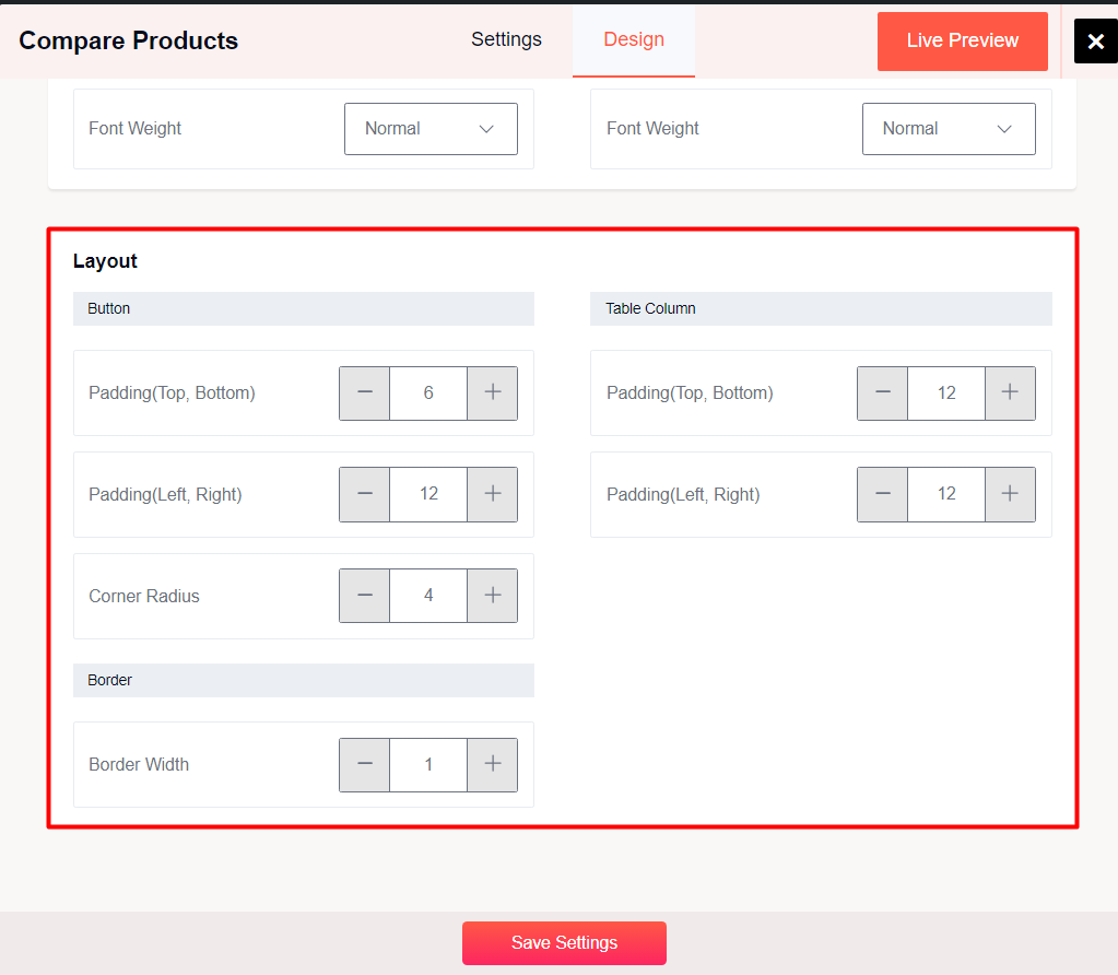 Layout Settings for Compare Addon