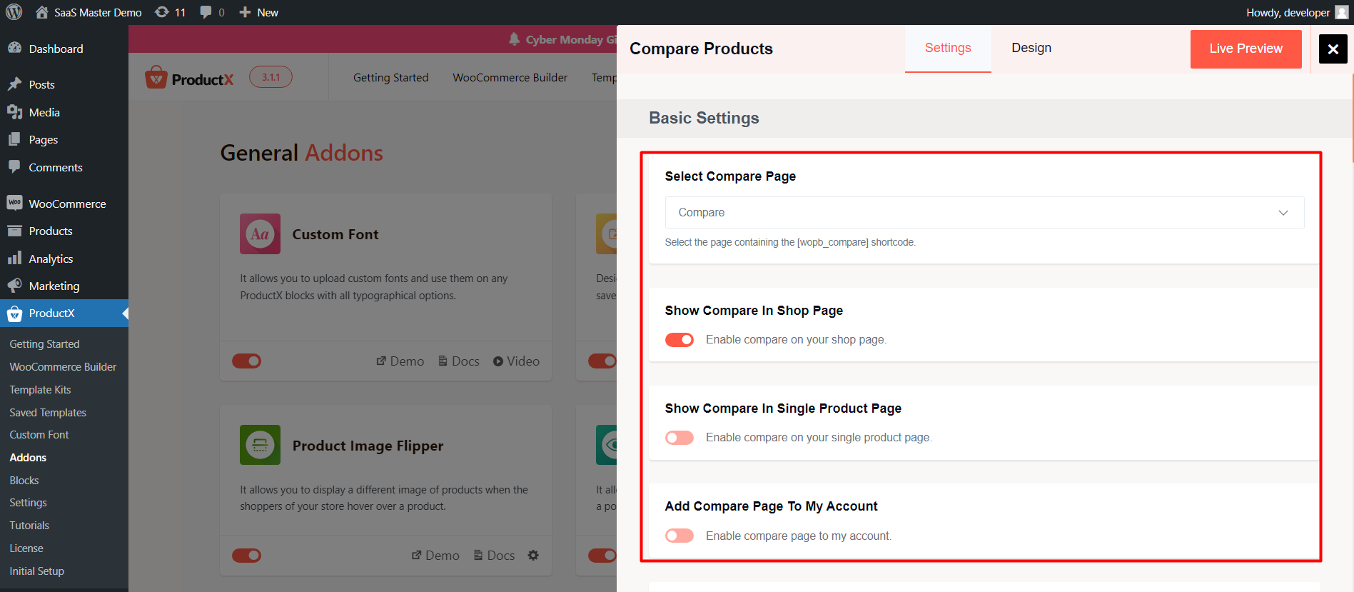 WooCommerce Compare Page Settings Tab