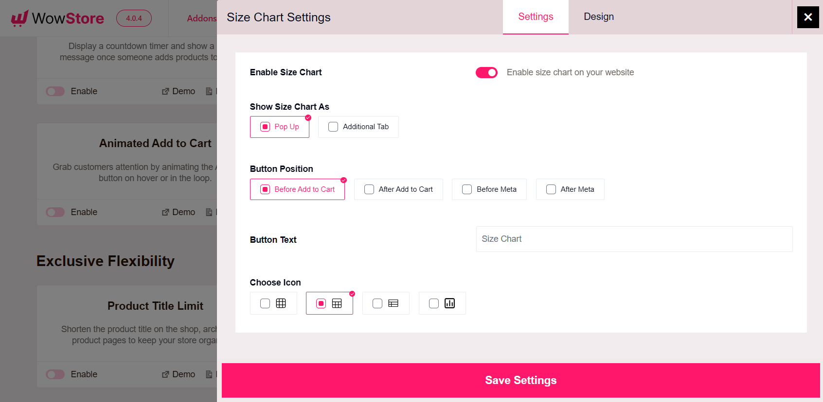 customizing size chart options