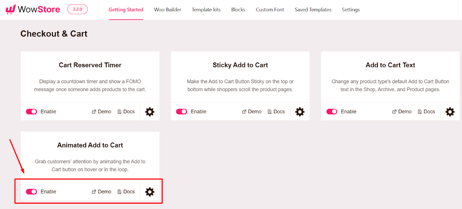 enabling the animated add to cart