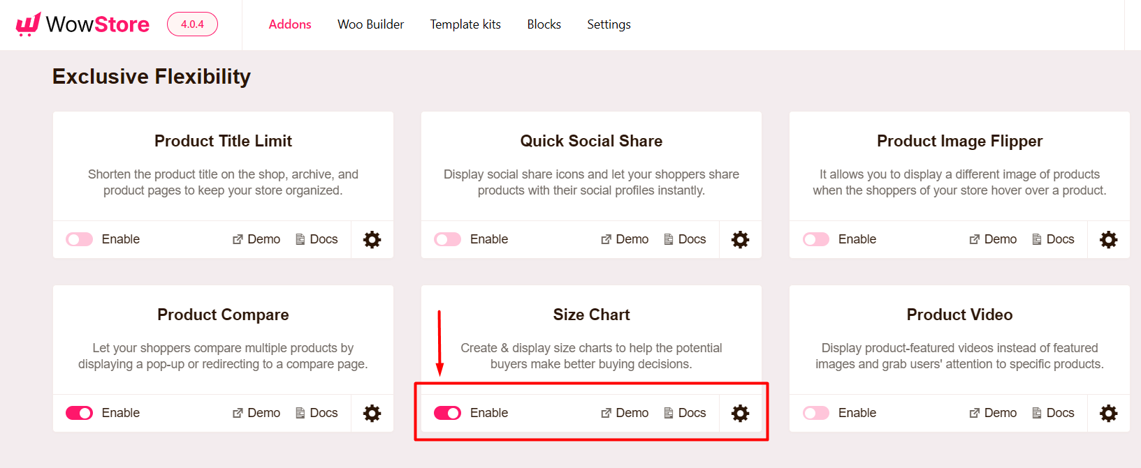 enabling the size chart addon