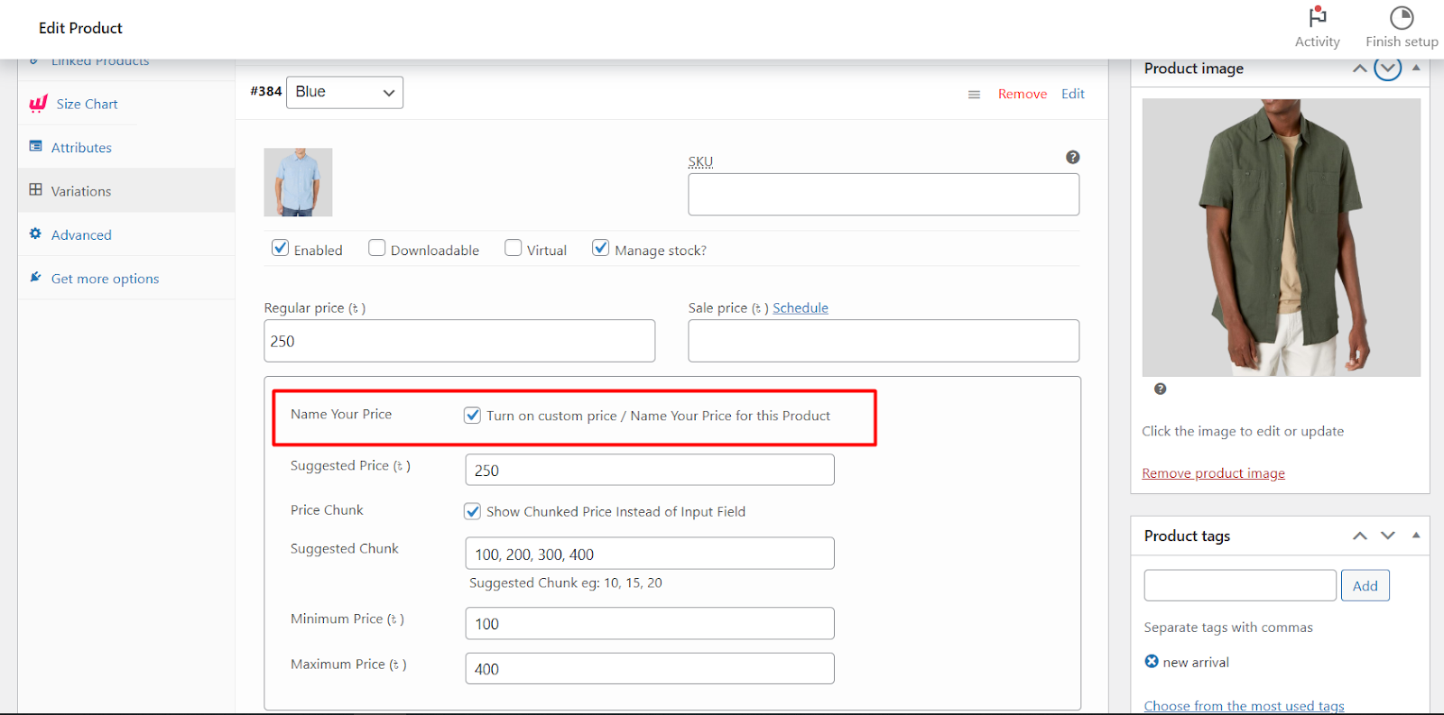 setting custom prices for variable products