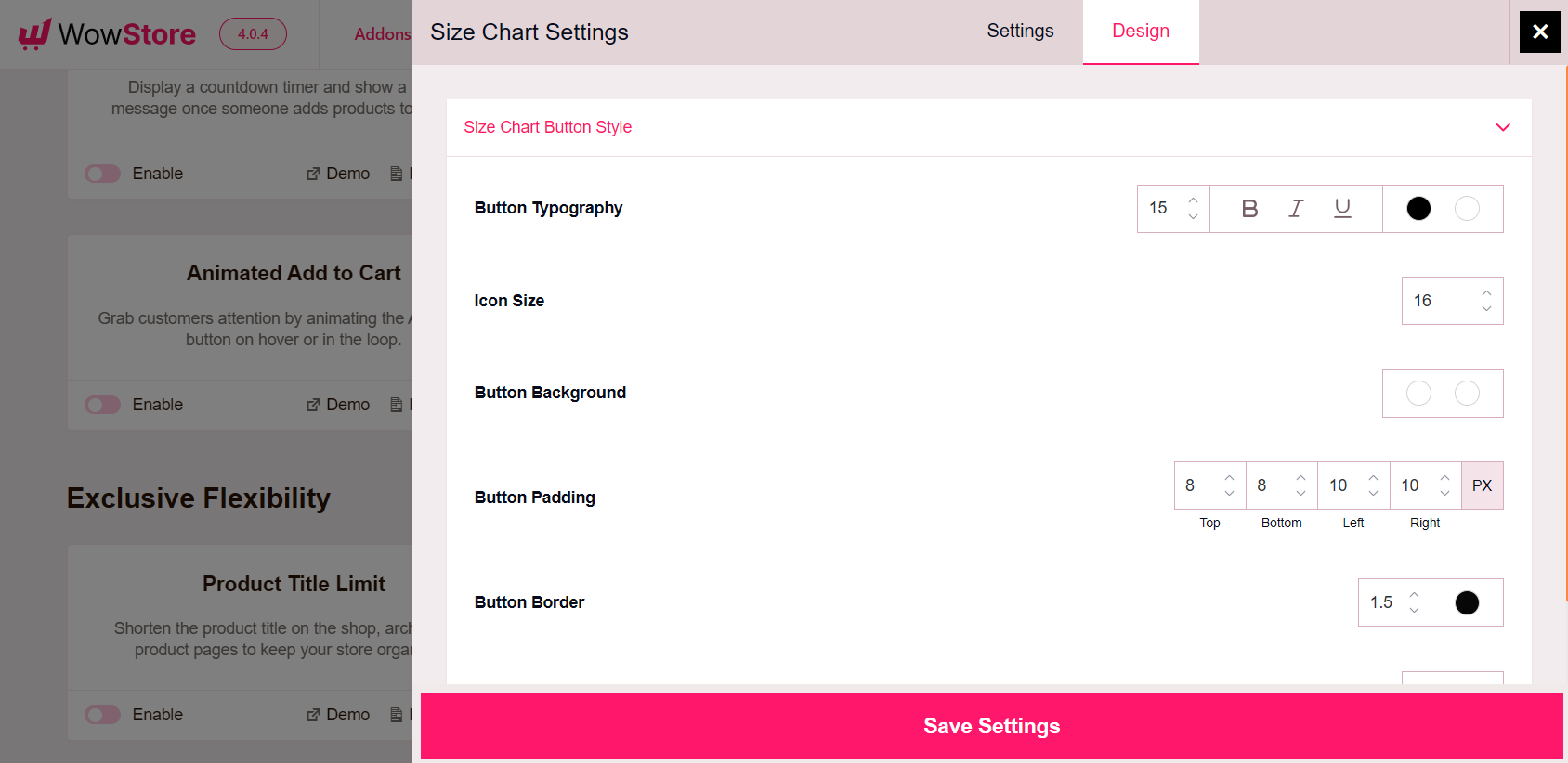 size chart button style settings