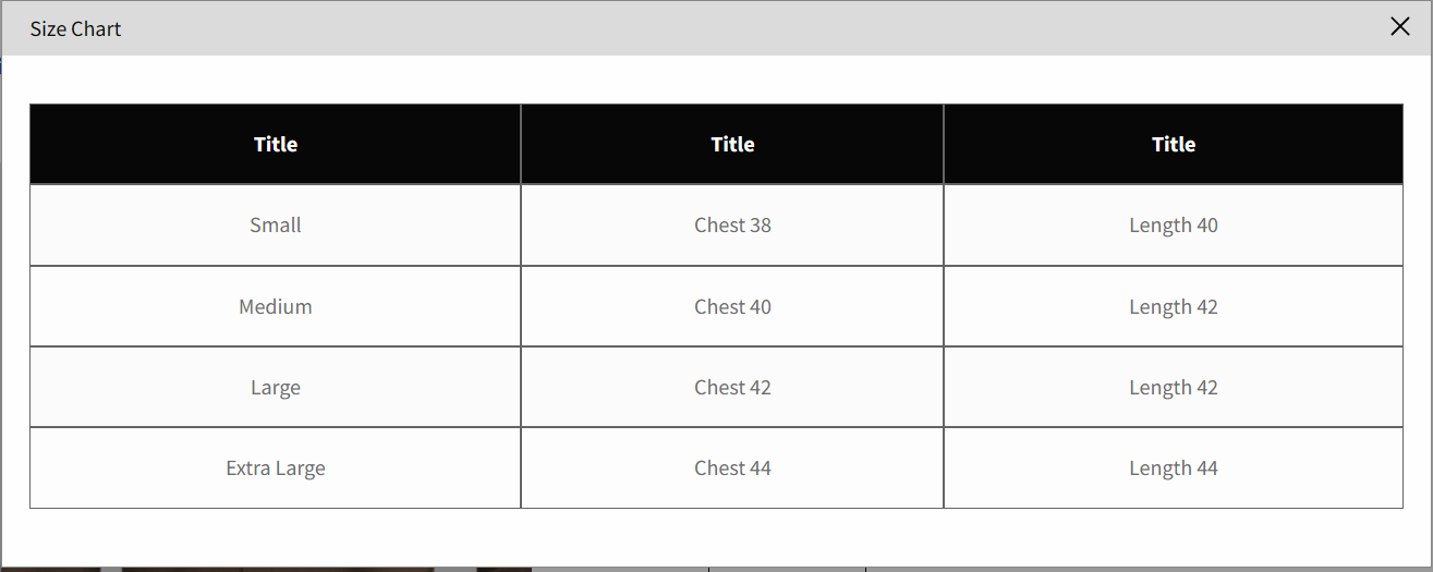 size chart in WooCommerce store