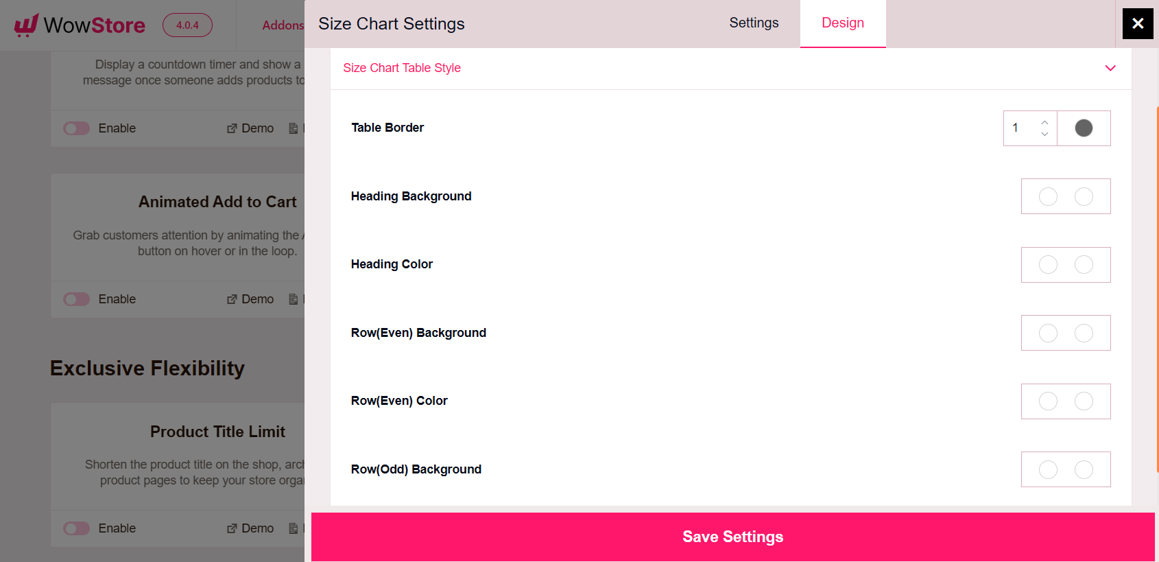 size chart table style settings