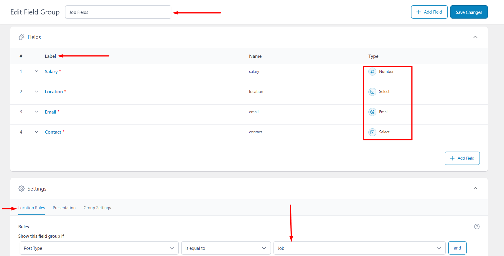 Meta field group settings and location rules