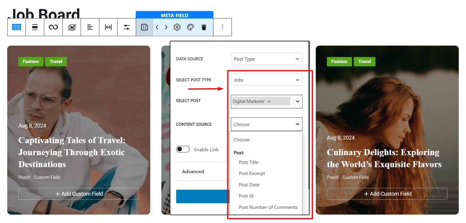 fetching various data from custom post types using dynamic content