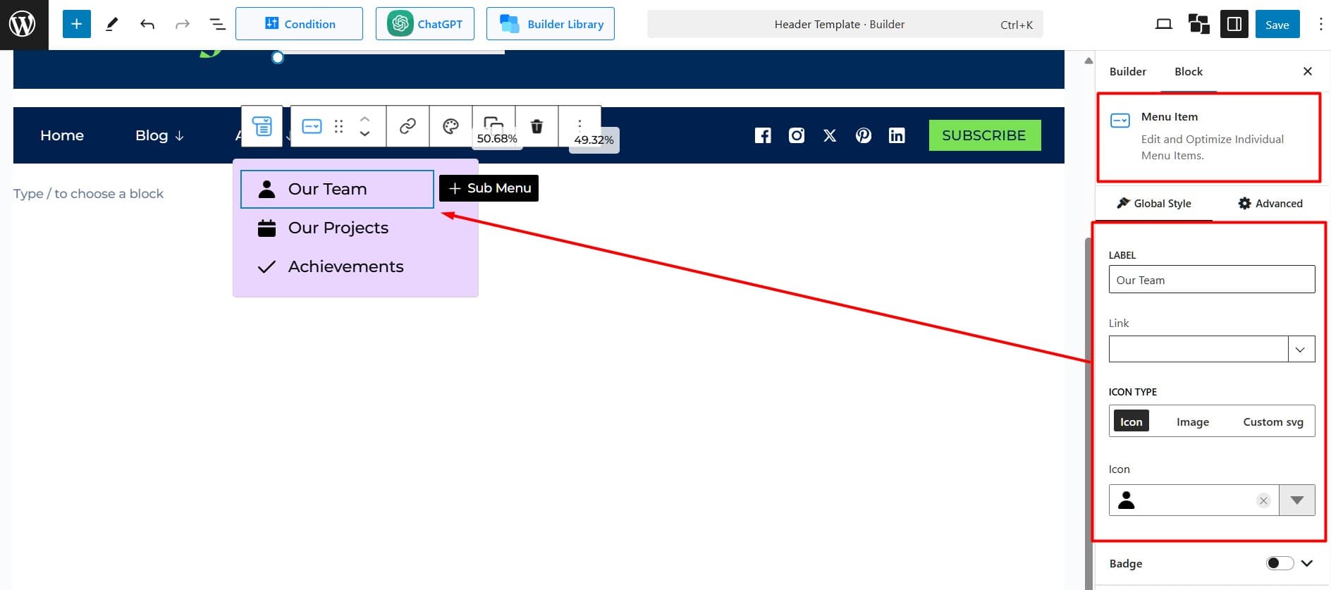 Customizing Individual Menu Item