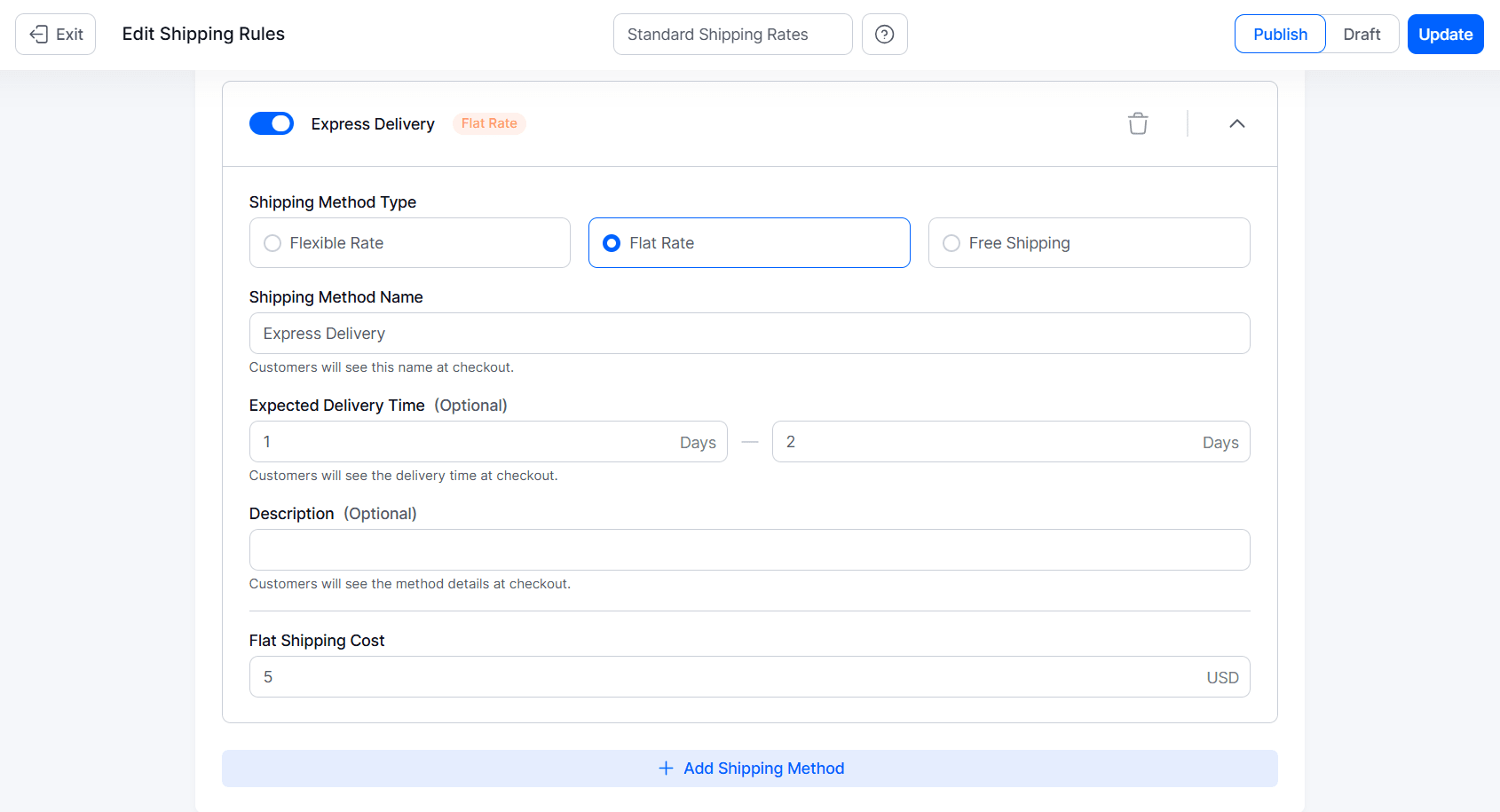 Adding a shipping method for a shipping rule