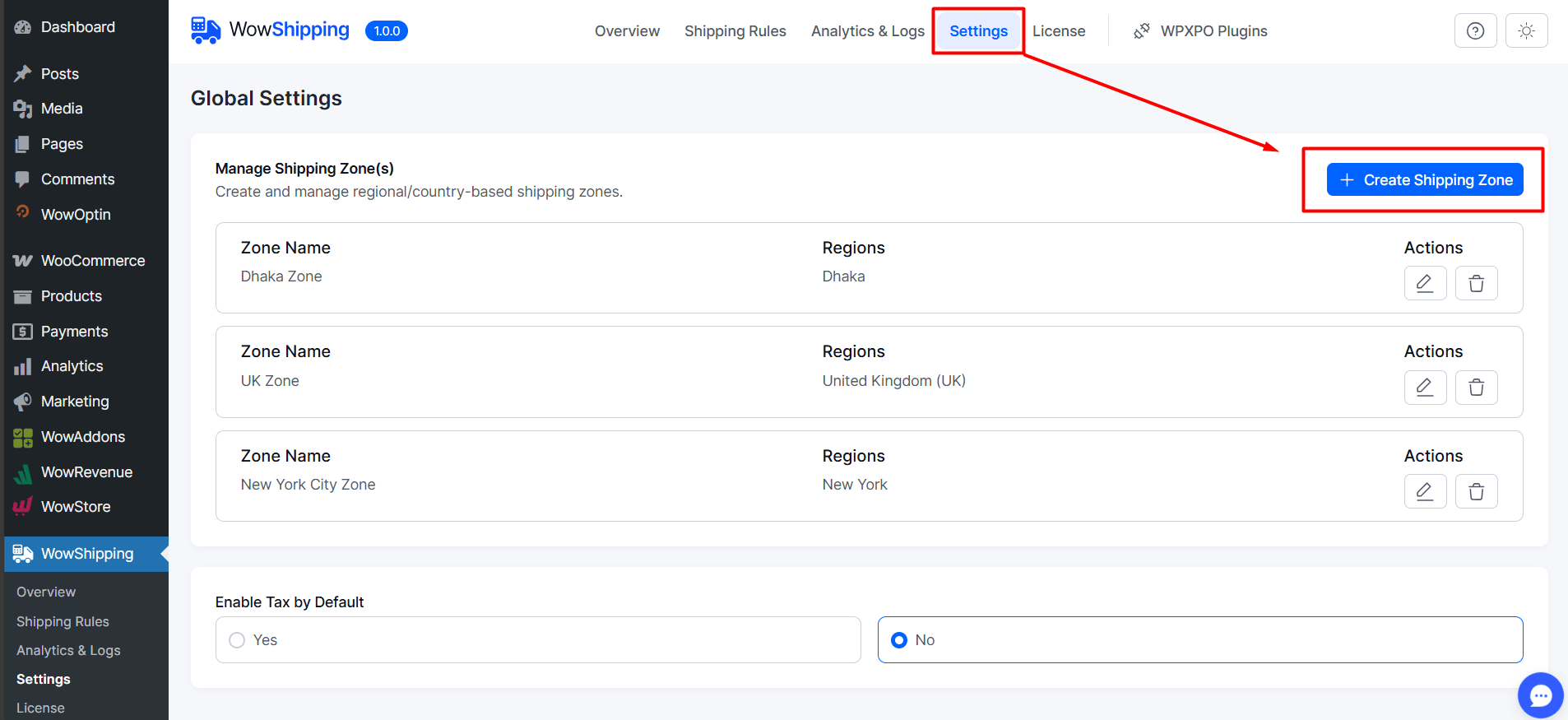 Create Shipping Zone from WowShipping