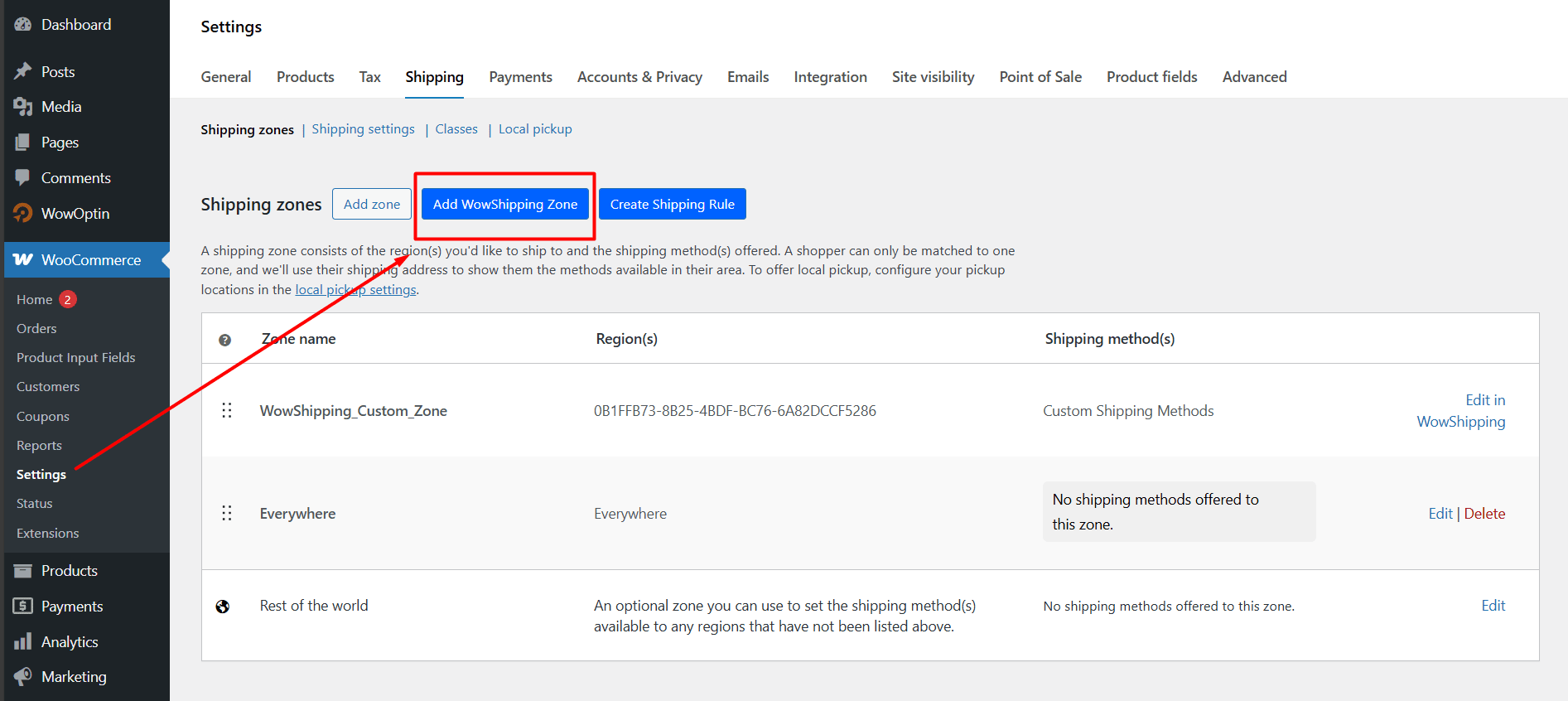 Creating shipping zone with WowShipping from the WooCommerce settings menu