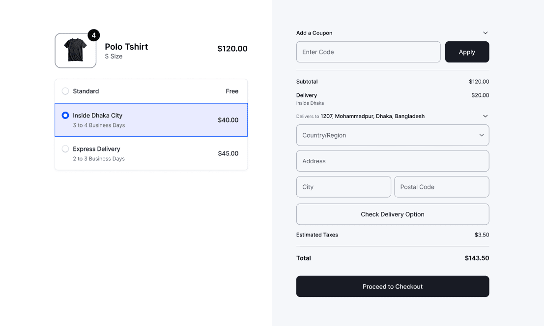 Front-end view for shipping methods