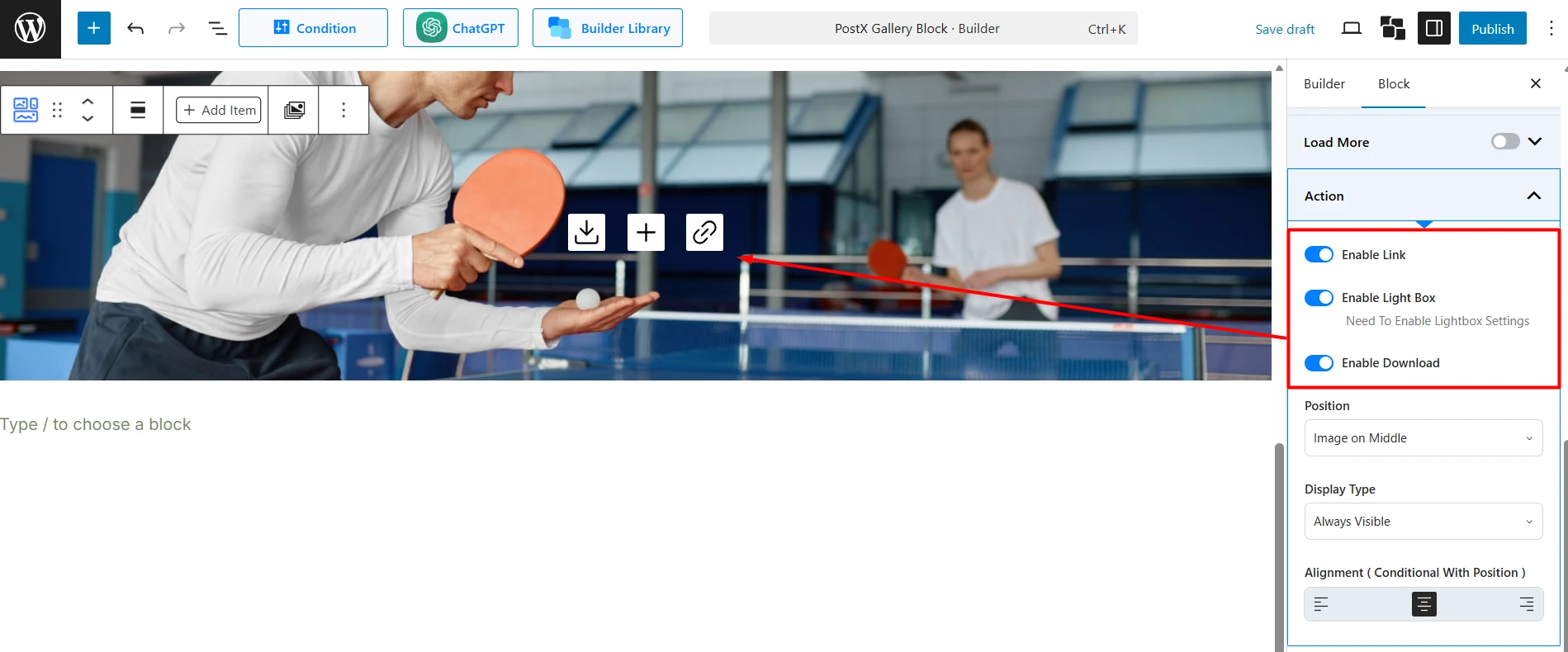Action Settings for the PostX Gallery Block