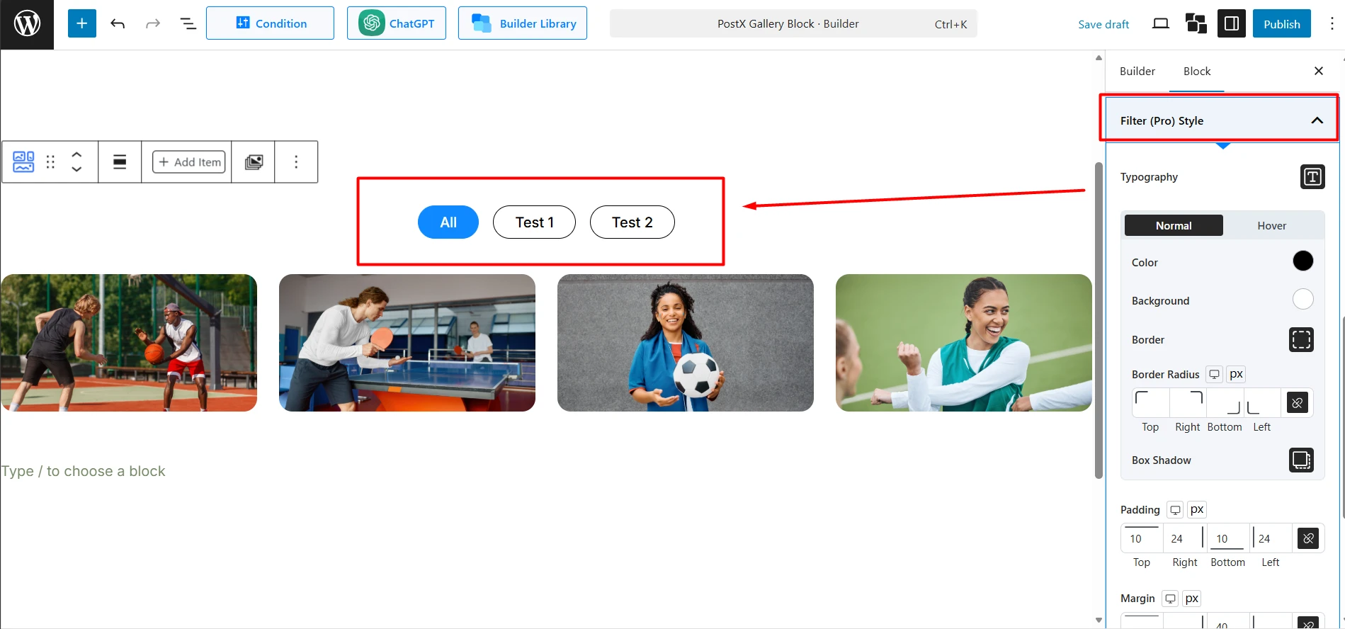 Filter Styling for the PostX Gallery Block