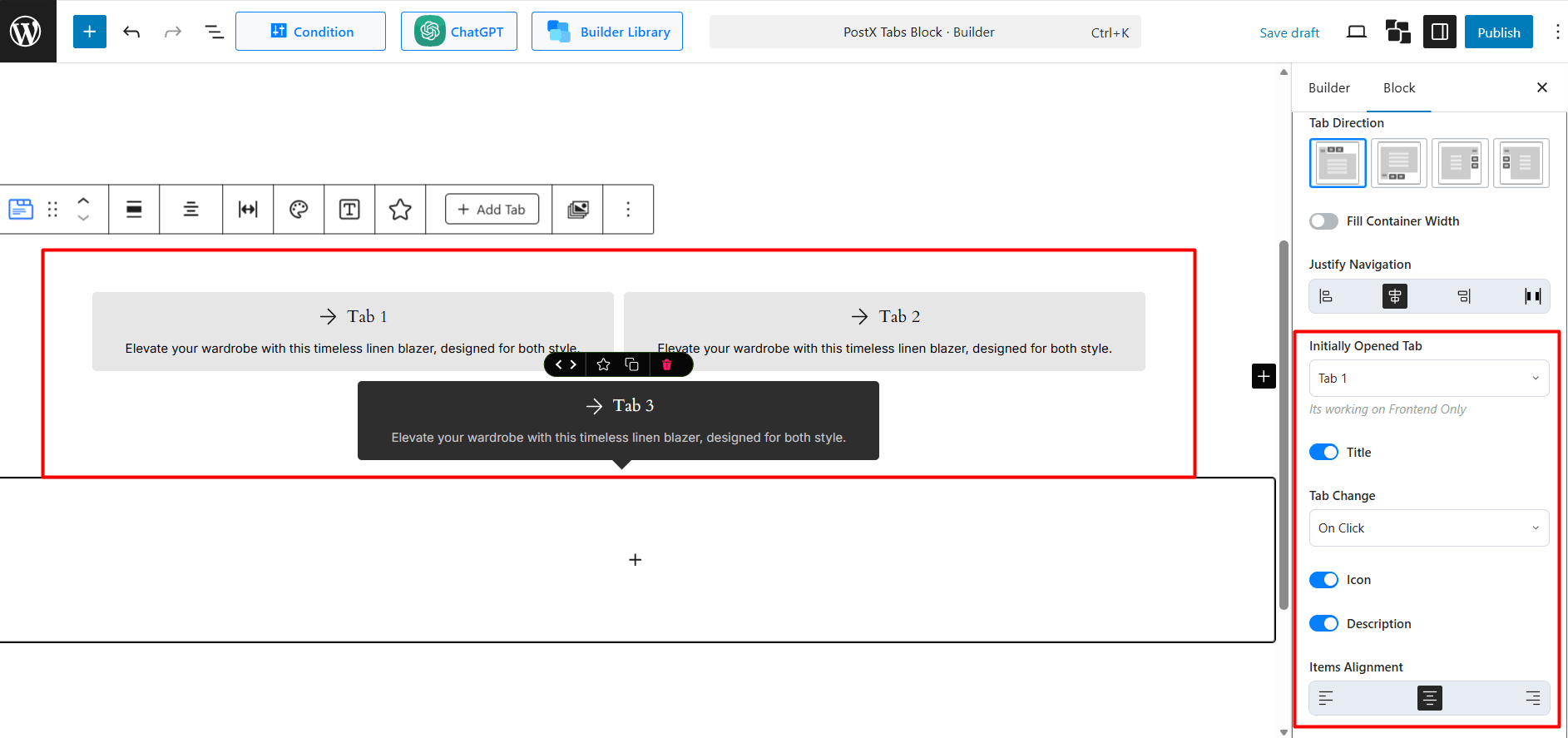 General Settings for the PostX Tabs Block