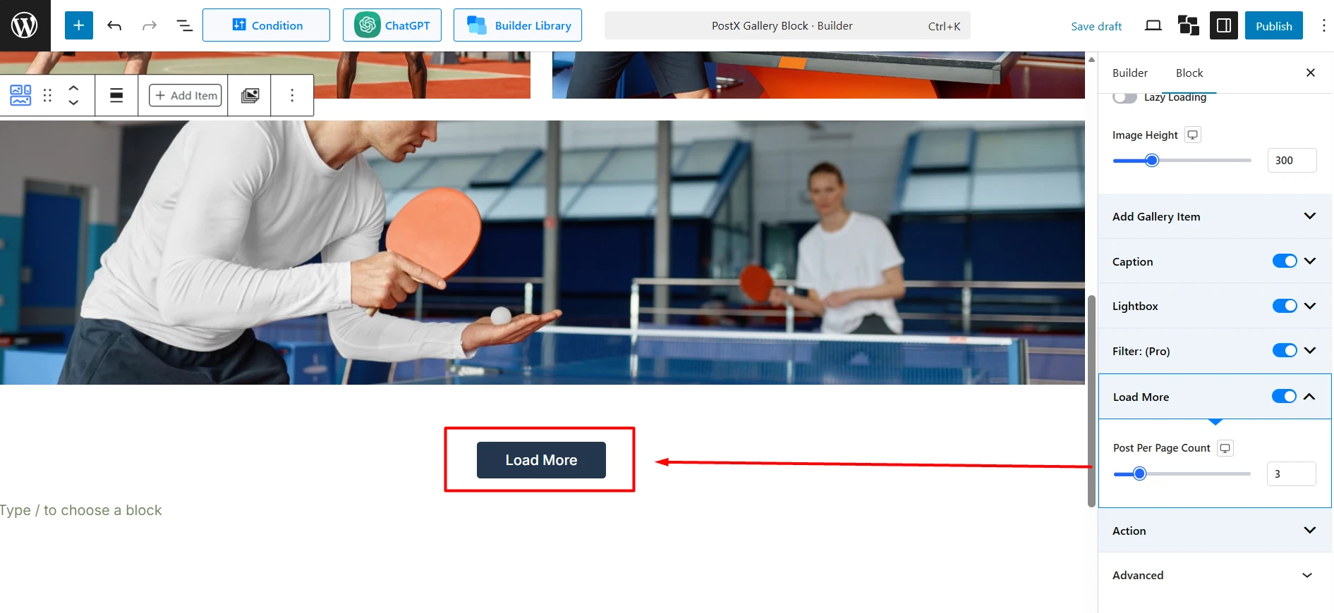 Load More Button Settings for the PostX Gallery Block