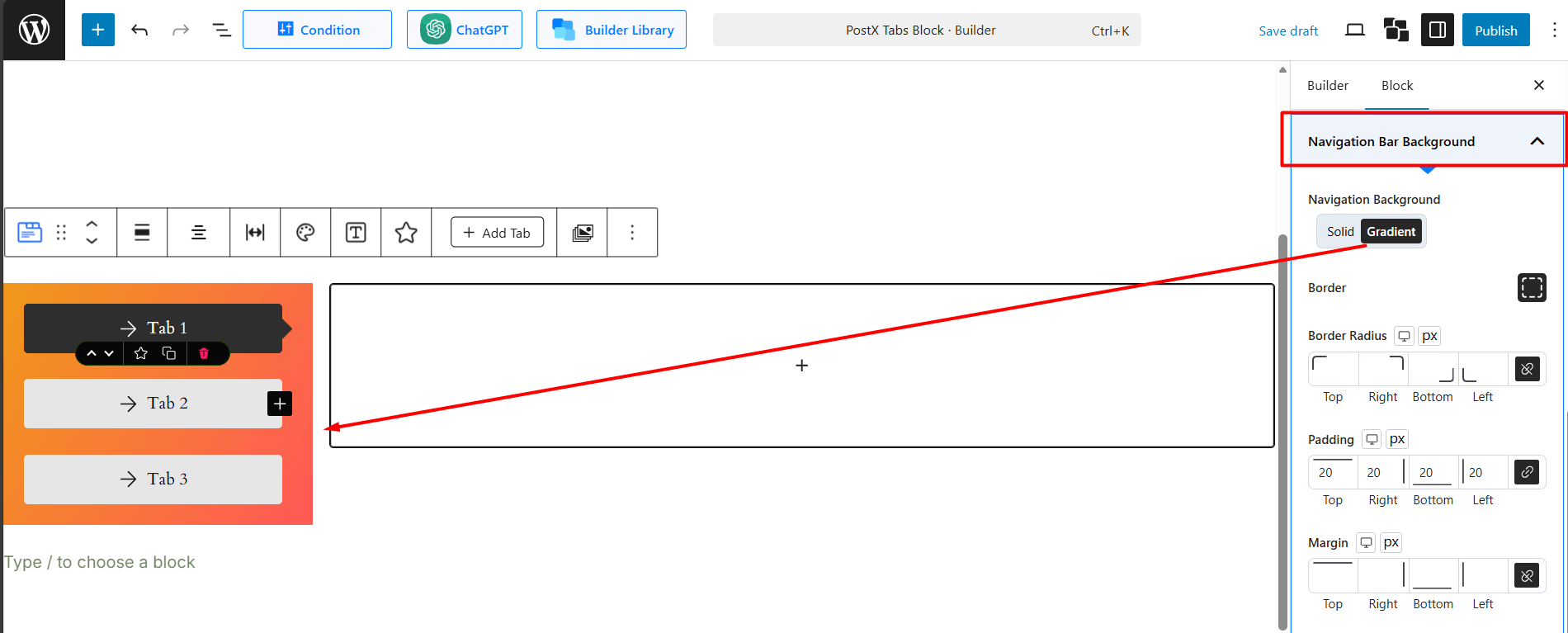 Navigation Bar Background Settings for the PostX Tabs Block