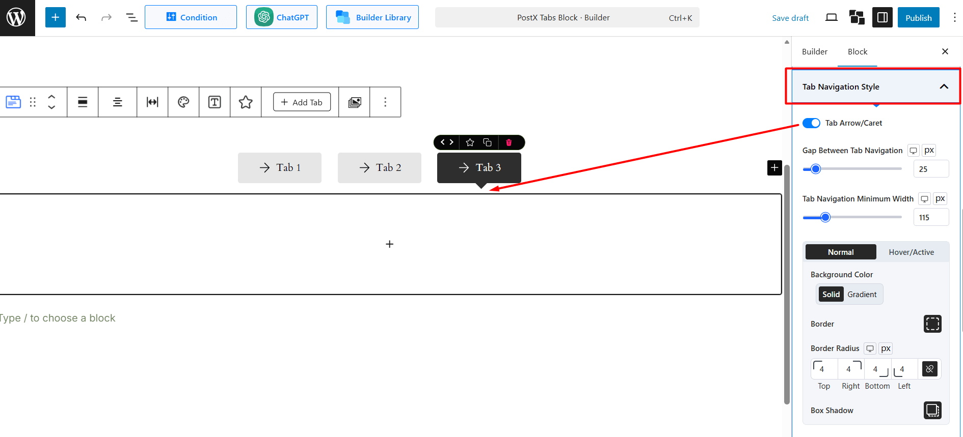 Tab Navigation Style Settings for the PostX Tabs Block