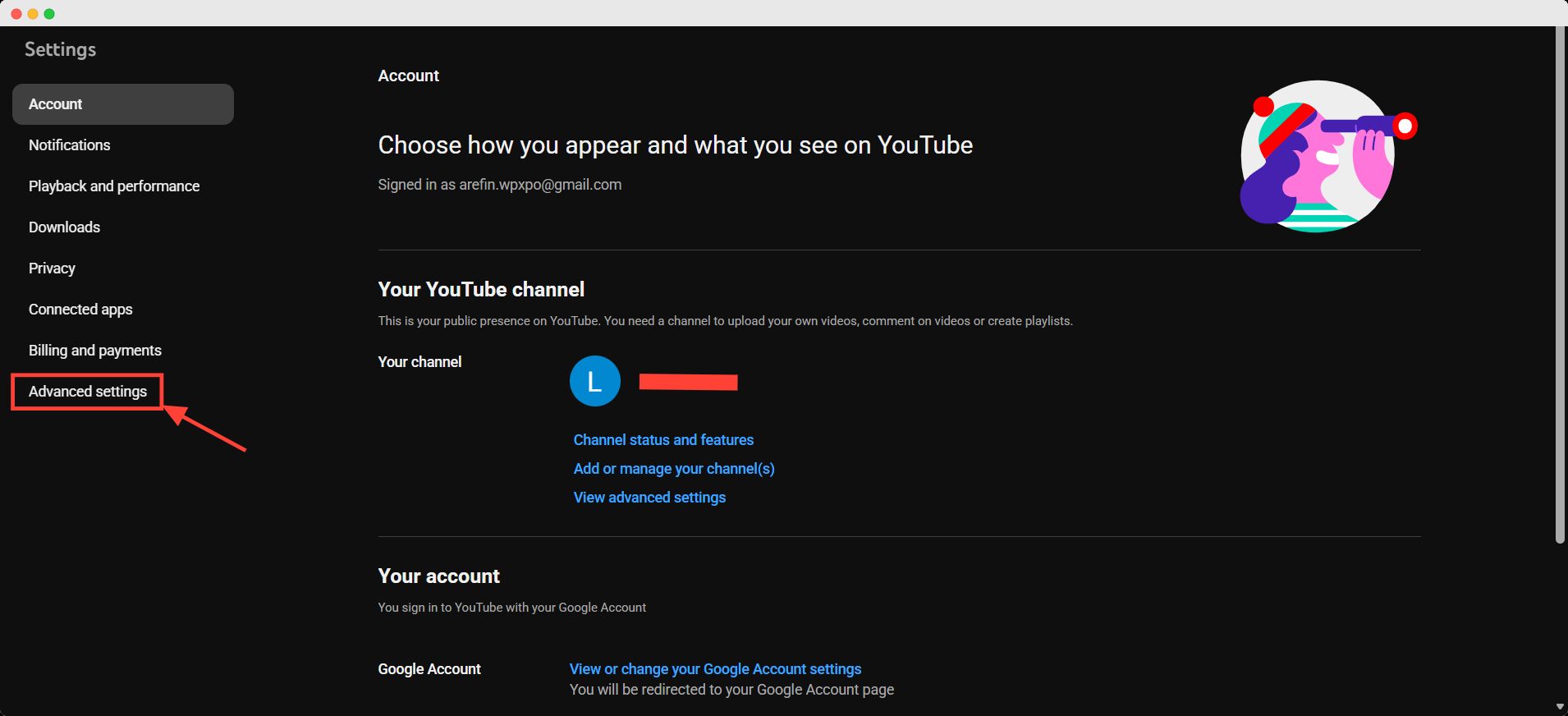 youtube channel advanced settings